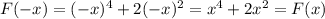 F(-x)=(-x)^{4}+2(-x)^2=x^4+2x^2=F(x)