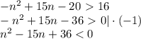 -n^2+15n-20\ \textgreater \ 16\\ -n^2+15n-36\ \textgreater \ 0|\cdot(-1)\\ n^2-15n+36