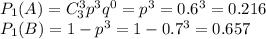 P_1(A)=C^3_3p^3q^0=p^3=0.6^3=0.216\\ P_1(B)=1-p^3=1-0.7^3=0.657