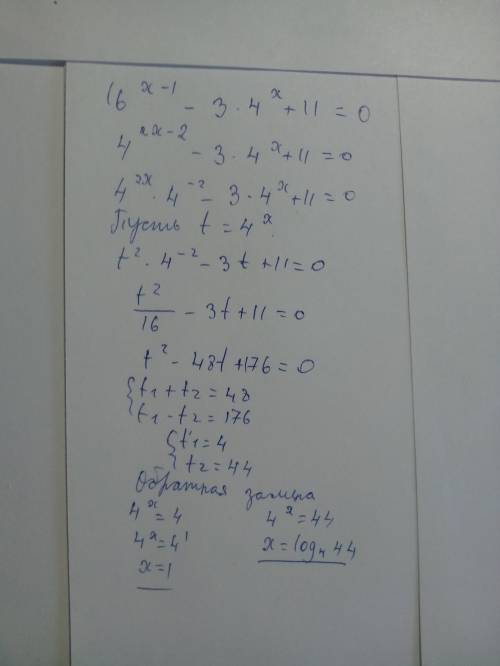 Решить уравнение 16^x-1 -3*4^x +11=0