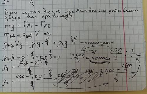 Изготовленный из дуба кубик (p = 0,6 г/см^3) плавает на границе двух несмешивающихся жидкостей, одна