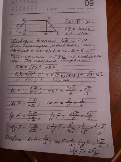 Вравнобокой трапеции fkpe fk=ep=9 см, fe=20 см, kp=8 см. найдите минус, косинус, тангенс, котангенс