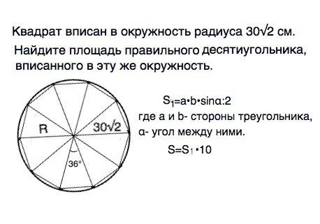 Квадрат вписан в окружность радиуса 30√2 см. найдите площадь правильного десятиугольника, вписанного