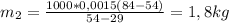 m_2= \frac{1000*0,0015(84-54)}{54-29} =1,8kg