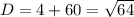 D=4+60= \sqrt{64}