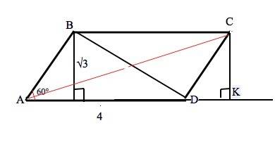 Найдите большую диагональ параллелограмма abcd,если ad=4, угол a=60°,а высота bh треугольника abd ра
