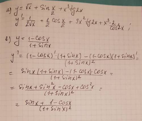 Найти производную а) y=√x+sinx/2+x^3tg2x b) y=1-cosx/1+sinx