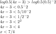 log0.5(4x-3)\ \textgreater \ log0.5(0.5)^-2 \\ 4x-3\ \textless \ 0.5^-2 \\ 4x-3\ \textless \ 5/10^-2 \\ 4x-3\ \textless \ 1/2^-2 \\ 4x-3\ \textless \ 2^2 \\ 4x-3\ \textless \ 4 \\ x\ \textless \ 7/4