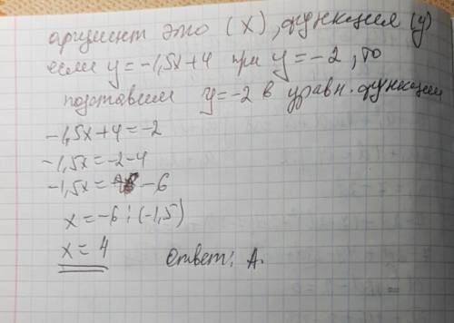 При якому значенні аргументу значення функції у= -1,5 х + 4 дорівнює -2? а) 4 б) -4 в)2 г) -2 и поче