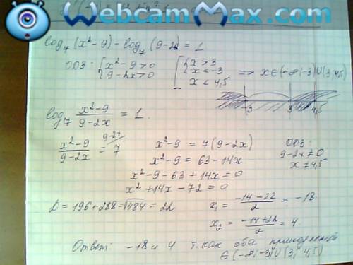 Log7(x2-9)-log7(9-2)=1 решите уравнение