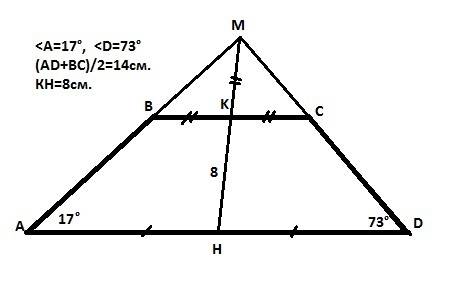 Углы при одном основании трапеции равны 17° и 73°. отрезок, соединяющий середины оснований трапеции