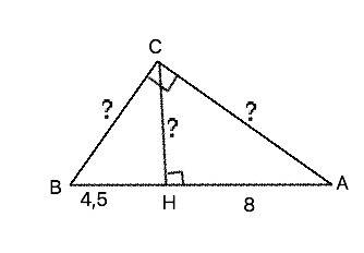 Втреугольнике abc угол c прямой ch высота, ah =8 см, bh=4,5 см. найдите : ch ac bc