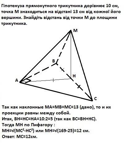 6. гіпотенуза прямокутного трикутника дорівнює 10 см, точка м знаходиться на відстані 13 см від кожн