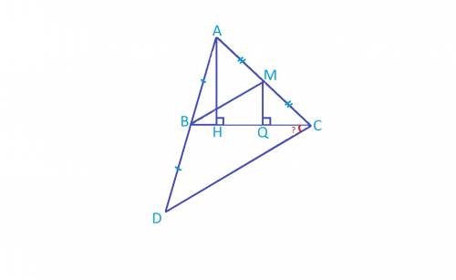 Высота ah остроугольного треугольника abc равна его медиане bm. на продолжении стороны ab за точку b