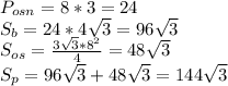 P_{osn}=8*3=24\\S_b=24*4\sqrt{3}=96\sqrt3\\S_{os}= \frac{3\sqrt3*8^2}{4}= 48\sqrt3\\S_p=96\sqrt3+48\sqrt3=144\sqrt3