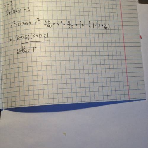 Разность квадратов x^2−0,36 представьте как произведение. если один множитель равен (x−0,6), то чему