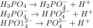 H_3PO_4 \rightarrow H_2PO_4^-+H^+\\&#10;H_2PO_4^-\rightarrow HPO_4^{2-}+H^+\\&#10;HPO1_4^{2-}\rightarrow PO_4^{3-}+H^+\\