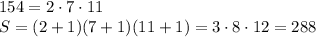 154 = 2 \cdot 7 \cdot 11 \\&#10; S=(2+1)(7+1)(11+1) = 3 \cdot 8 \cdot 12 = 288