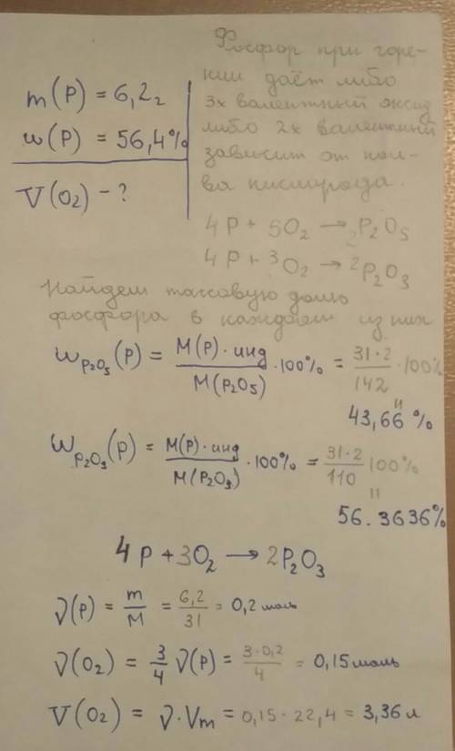 Рассчитайте объем кислорода необходимый для окисления 6.2 г фосфораесли в результате реакции образуе