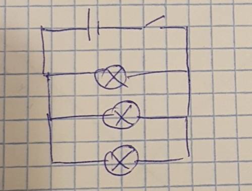 Электрическая цепь состоит из аккумулятора и соединённых параллельно 3 ламп. начертите схему цепи.