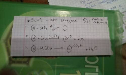 Допишите реакцию c6h6+h2= c6h6+cl= c6h6+h2so4=