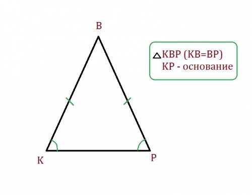Начертите равнобедренный треугольник kbp с основанием kp