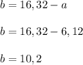b = 16,32 - a \\ \\ &#10;b = 16,32 - 6,12 \\ \\&#10;b = 10,2