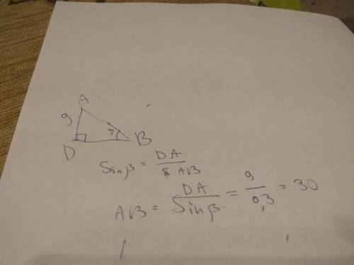 Много в треугольнике abd угол d = 90 градусов, ad = 9 см, sin b = 0,3. найдите гипотенузу треугольни