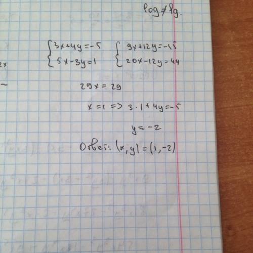 Система уравнений 3x+4y=-5 5x-3y=11
