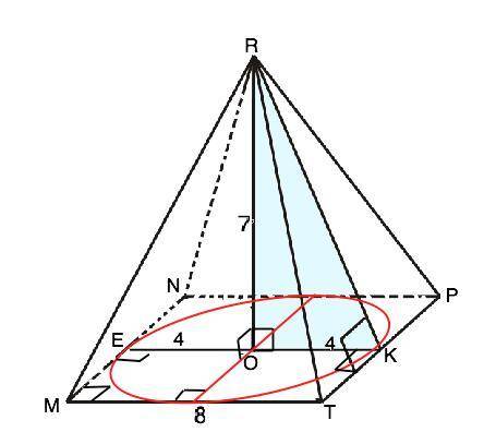 Высота правильной четырехугольной пирамиды rmnpt равна 7 сторона основания равна 8. найдите апофему