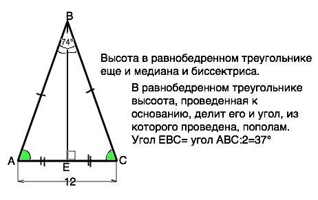 Вравнобедренном треугольнике abc с основанием ac отрезок be - высота. найдите угол ebc, если ac =12