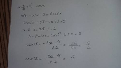 3√2sin(p/2+x)-2=2cos^2 x указать корни этого уравнения принадлежащие отрезку (3p/2,5p/2)