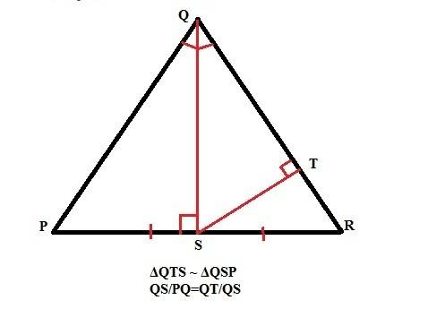 Сторона равнорстороннего треугольника pqr равнв 20 дм.из середины s стороны pr опущен перпендикуляр