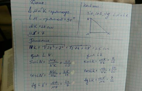 Найдите sin,cos,tg углов n и k треугольника mnk с прямым углом m,если mk=24, mn=7.
