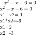 -x^{2} -x+6=0&#10;&#10; x^{2} +x-6=0&#10;&#10;x1+x2=-1&#10;&#10;x1*x2=-6&#10;&#10;x1=2&#10;&#10;x2=-3