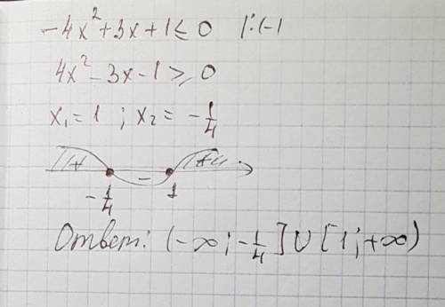 С: решить квадратное неравенство: -4x^2+3x+1≤0 !