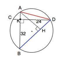 Две взаимно перпендикулярные хорды ab и cd окружности пересекаются в точке k, причём ak=6см, вк=32см
