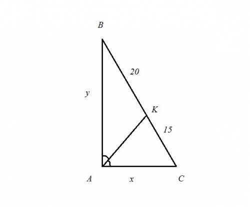 Биссектриса прямого угла треугольника делит гипотенузу на отрезки длиной 15 и 20 найти площадь треуг