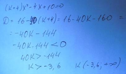 Найдите множество значений k, при которых уравнение (k+4)x^2-4x+10=0 не имеет корней. решите