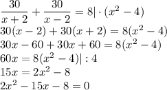 \dfrac{30}{x+2} +\dfrac{30}{x-2} =8|\cdot(x^2-4)\\ 30(x-2)+30(x+2)=8(x^2-4)\\ 30x-60+30x+60=8(x^2-4)\\ 60x=8(x^2-4)|:4\\ 15x=2x^2-8\\ 2x^2-15x-8=0
