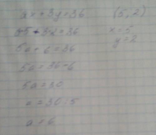 Найдите значение коэффициента а в уравнении ах+3у=36,если известно ,что(5; 2)-решение этого уравнени