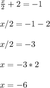 \frac{x}{2} + 2 = -1 \\ \\&#10;x/2 = -1 -2 \\ \\&#10;x/2 = -3 \\ \\&#10;x = -3 * 2 \\ \\&#10;x = -6