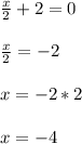 \frac{x}{2} + 2 = 0 \\ \\&#10; \frac{x}{2} = -2 \\ \\&#10;x = -2 * 2 \\ \\&#10;x = -4