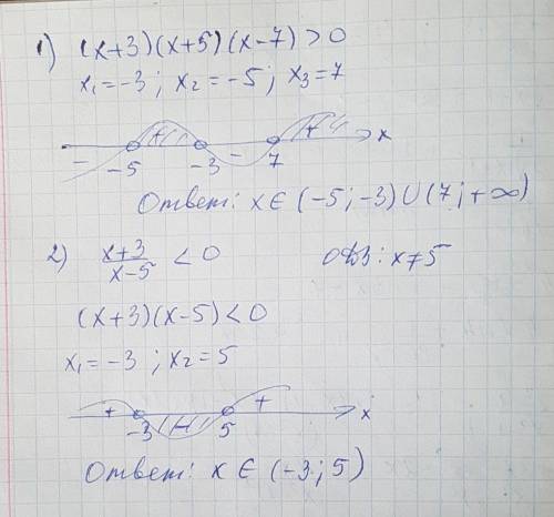 Решите неравенство используя между интервалов 1) (х+3)(х+5)(х-7)> 0 2)х+3 —— < 0 х-5
