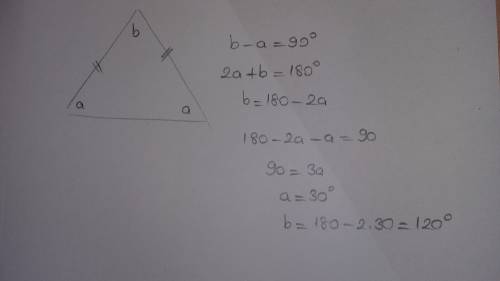 Разность двух углов равнобедренного треугольника равна 90°. найдите углы при основании.