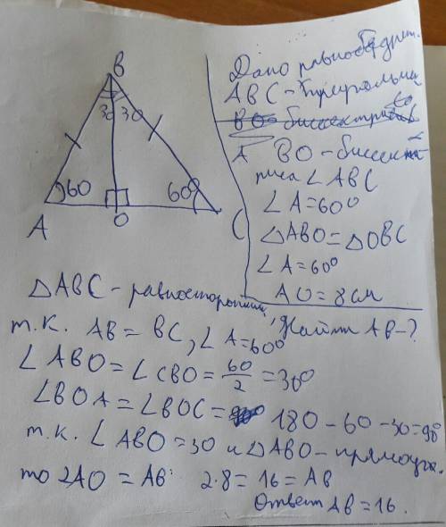 Дан равнобедренный треугольник abc,bo-биссеткриса доказать: треугольникabo=треугольникуobc найдите a