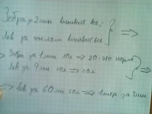 Зебра может выпить свою суточную норму воды за 2 мин льву выпить такое же количество воды, придётся