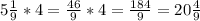 5 \frac{1}{9} * 4 = \frac{46}{9} * 4 = \frac{184}{9} = 20 \frac{4}{9}