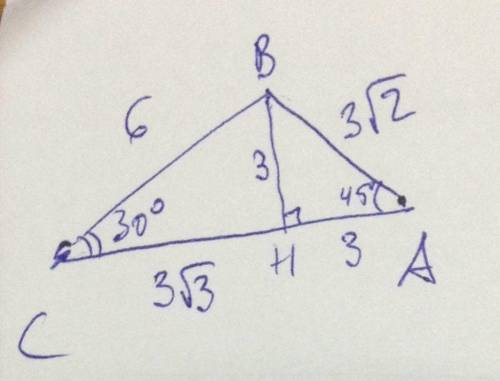 Втреугольнике abc угол a=45 градусов, угол c= 30 градусов, bc= 6 см. найдите стороны ab и ac треугол