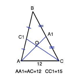 Втреугольнике abc медианы aa1 и сс1 равны соответственно 12 и 15,а сторона ас равна 12.найдите площа